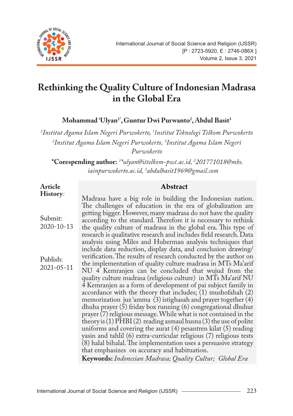 Rethinking the Quality Culture of Indonesian Madrasa in the Global Era