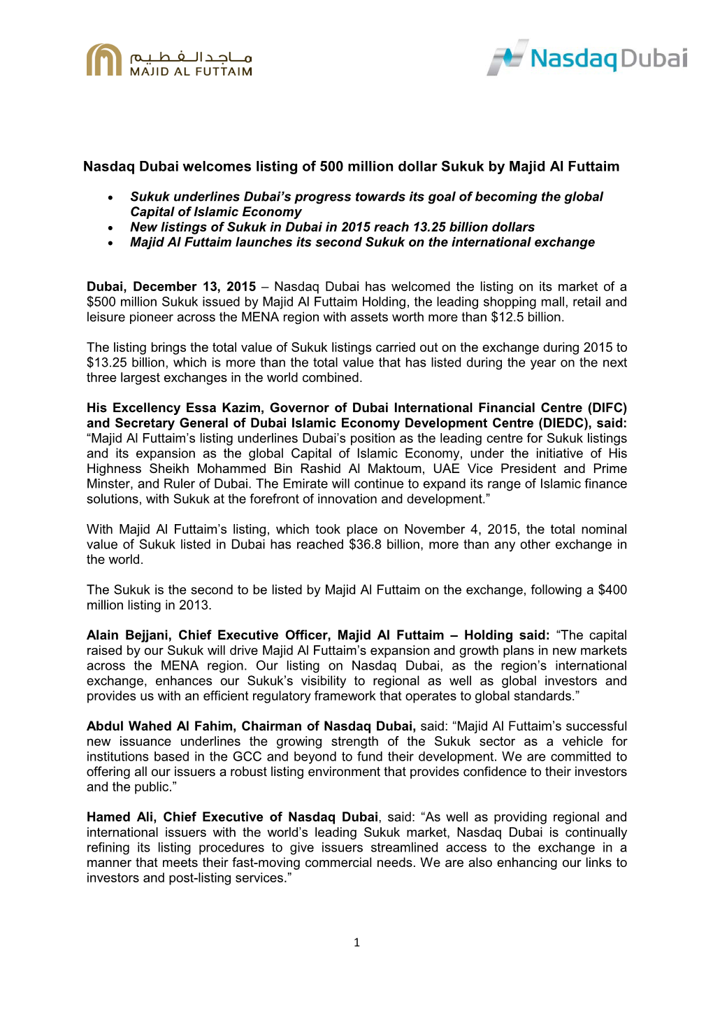 Nasdaq Dubai Welcomes Listing of 500 Million Dollar Sukuk by Majid Al Futtaim