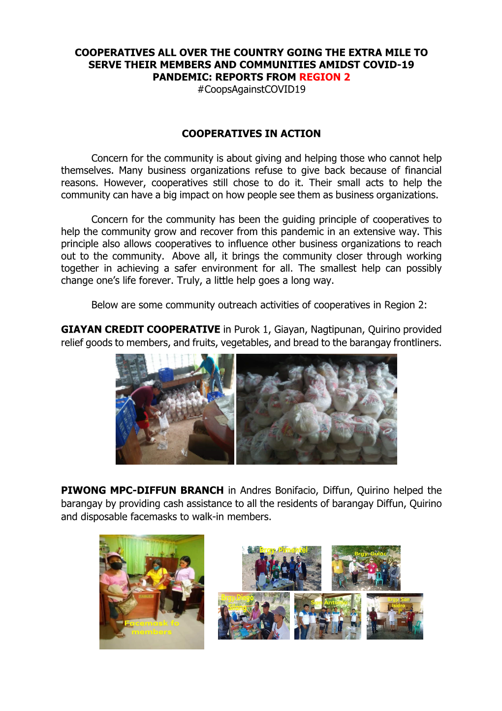 COOPERATIVES ALL OVER the COUNTRY GOING the EXTRA MILE to SERVE THEIR MEMBERS and COMMUNITIES AMIDST COVID-19 PANDEMIC: REPORTS from REGION 2 #Coopsagainstcovid19