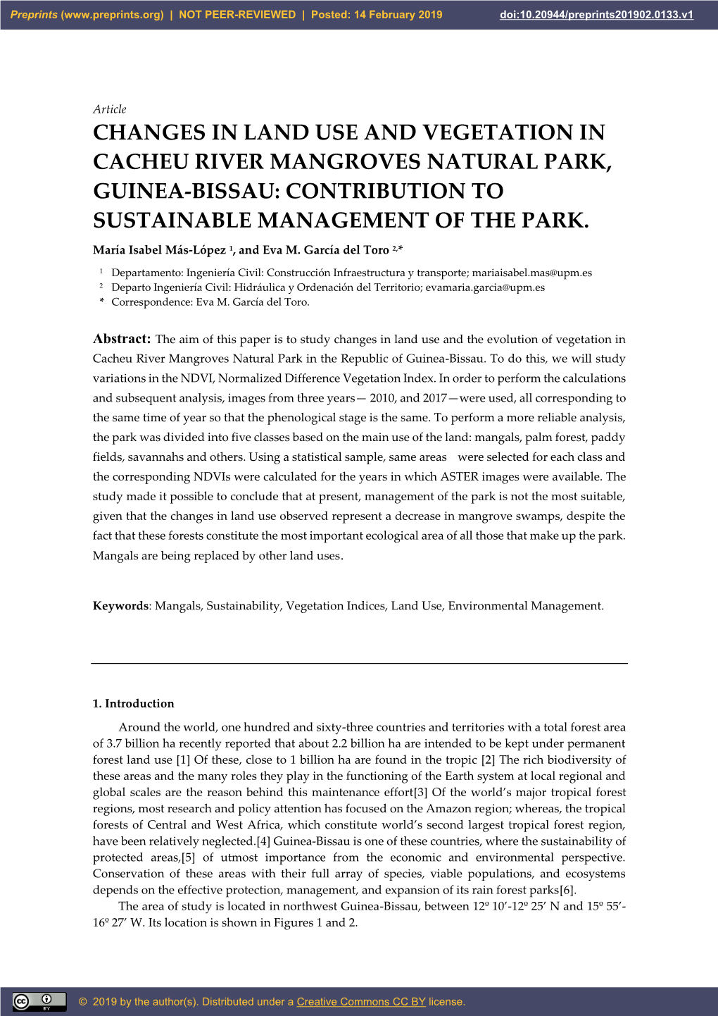 Changes in Land Use and Vegetation in Cacheu River Mangroves Natural Park, Guinea-Bissau: Contribution to Sustainable Management of the Park