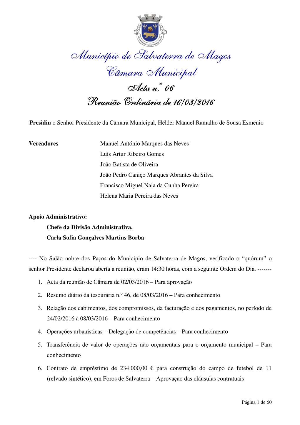 Município De Salvaterra De Magos Câmara Municipal Acta N.º 06 Reunião Ordinária De 16/03/2016