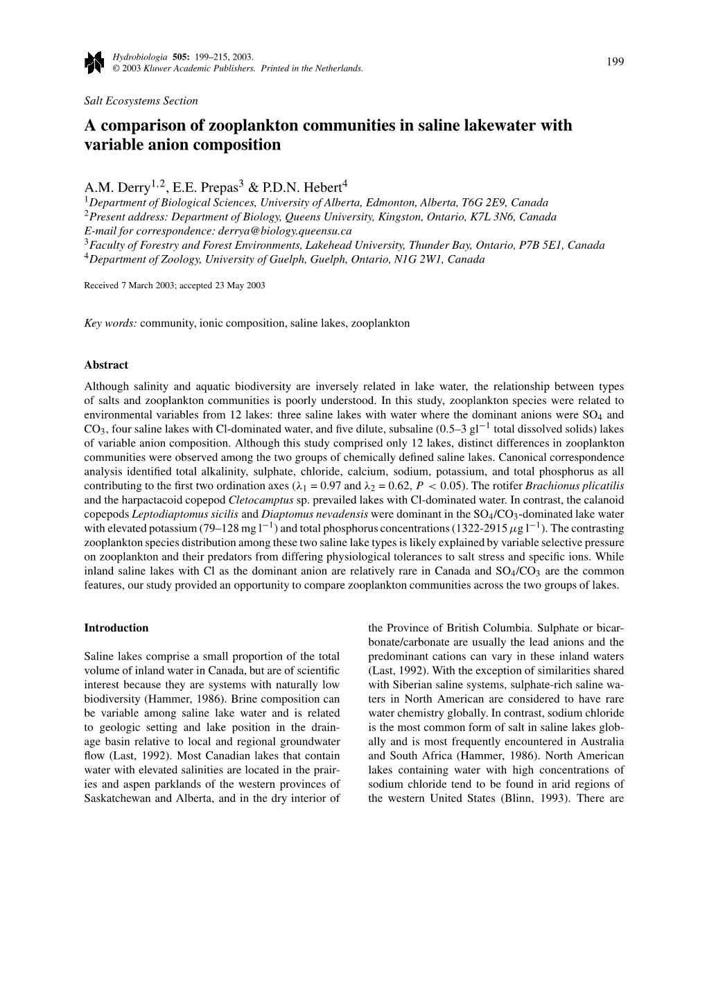 A Comparison of Zooplankton Communities in Saline Lakewater with Variable Anion Composition