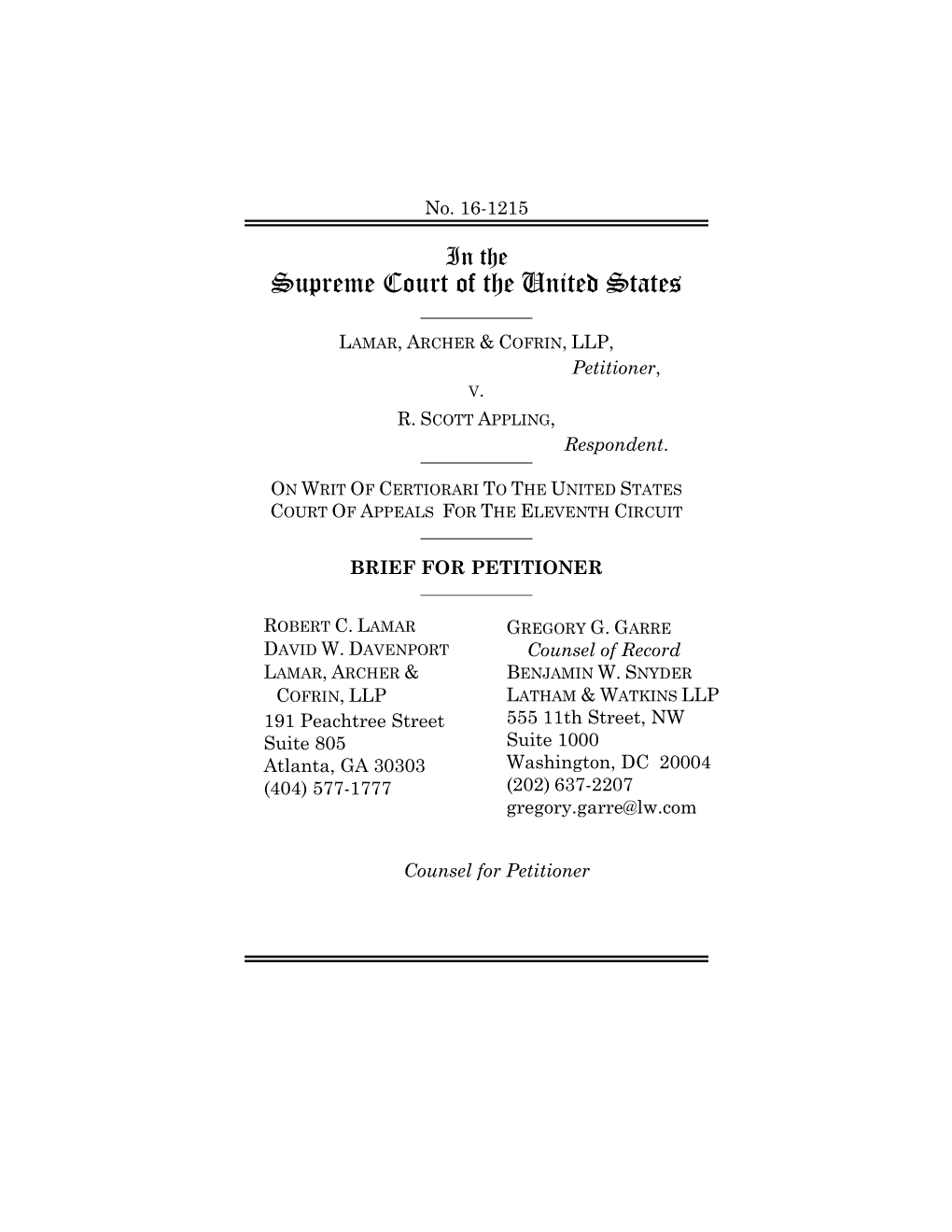 Brief of Petitioner Lamar, Archer & Cofrin, LLP