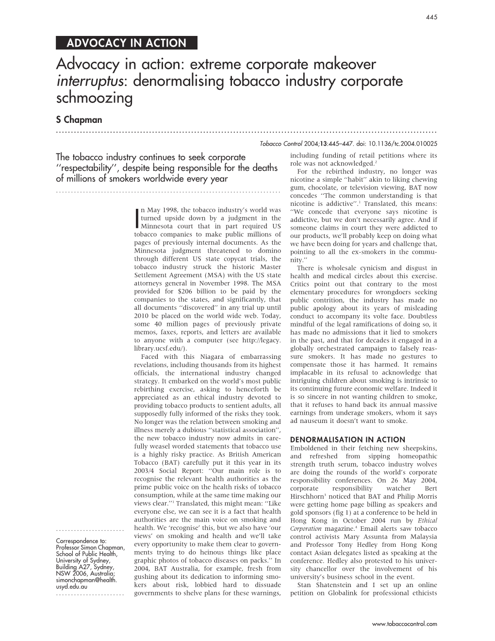 Denormalising Tobacco Industry Corporate Schmoozing S Chapman