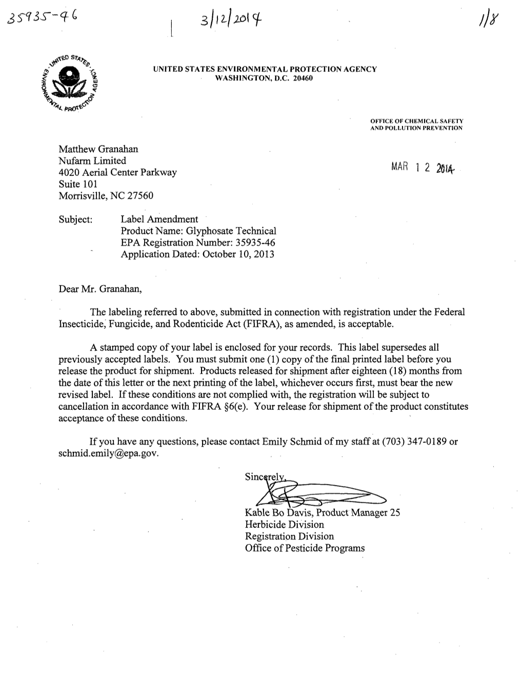 US EPA, Pesticide Product Label, GLYPHOSATE TECHNICAL , 03/12