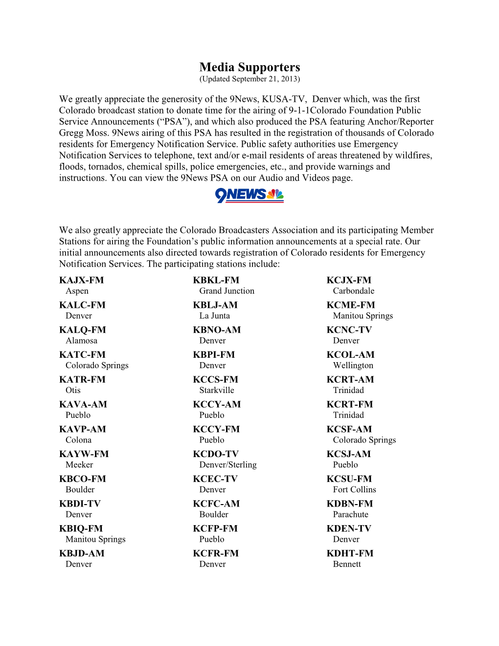 Media Supporters (Updated September 21, 2013)