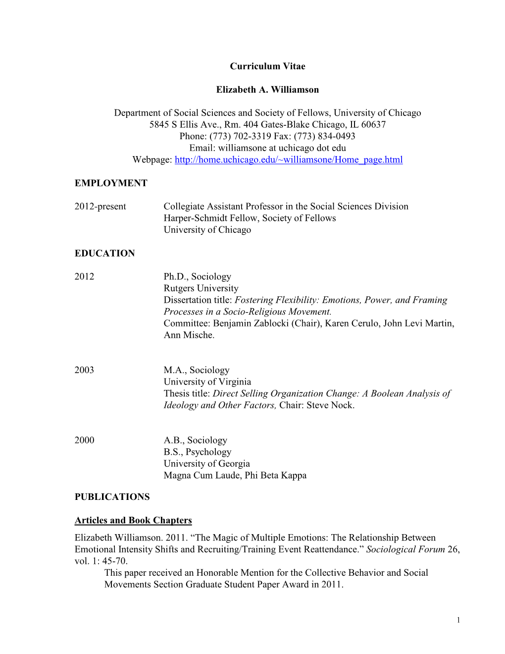 Curriculum Vitae Elizabeth A. Williamson Department of Social