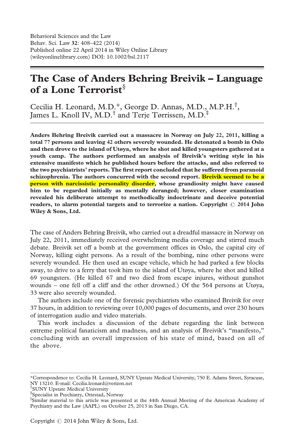 The Case of Anders Behring Breivik Language of a Lone Terrorist