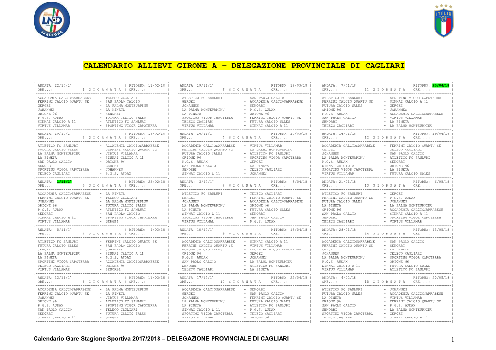 Calendario Allievi Girone a – Delegazione Provinciale Di Cagliari