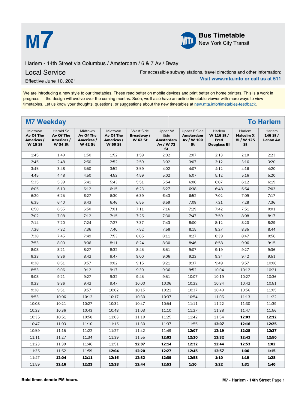 MTA M7 Bus Timetable