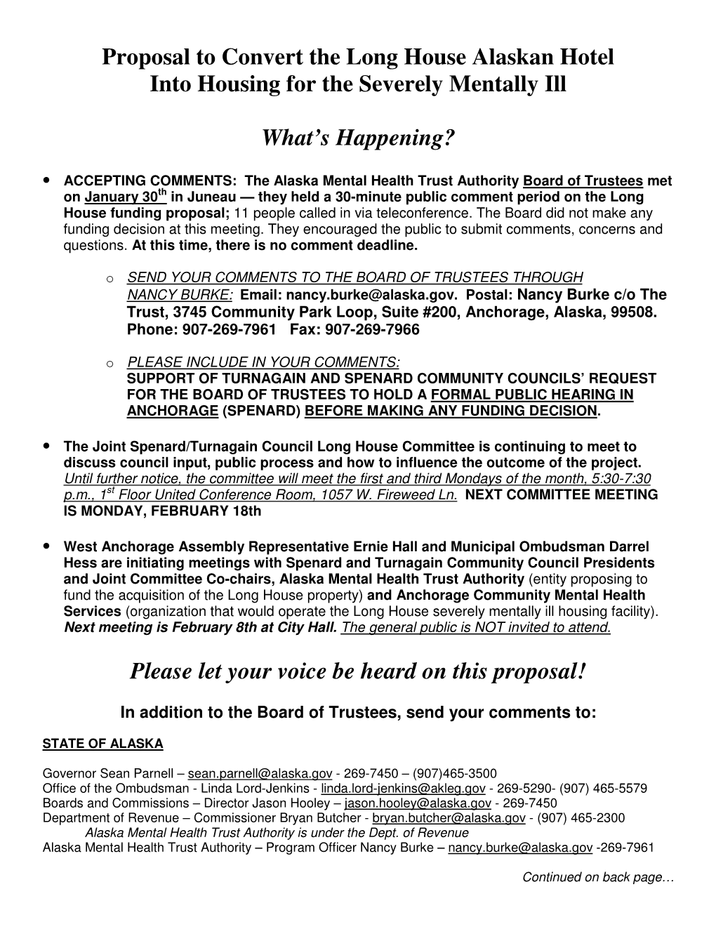 Proposal to Convert the Long House Alaskan Hotel Into Housing for the Severely Mentally Ill