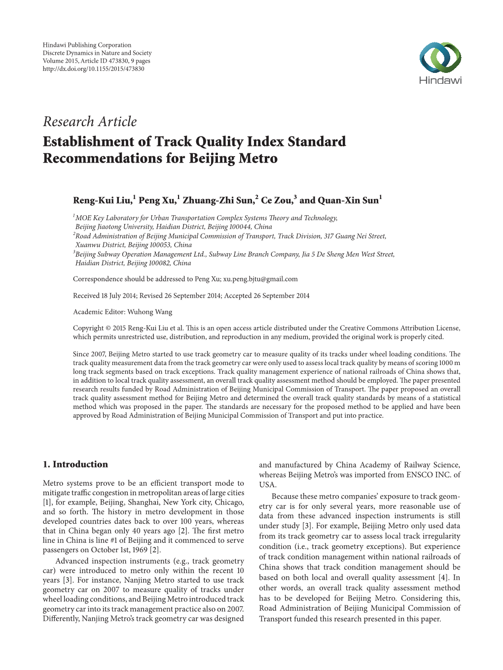 Research Article Establishment of Track Quality Index Standard Recommendations for Beijing Metro