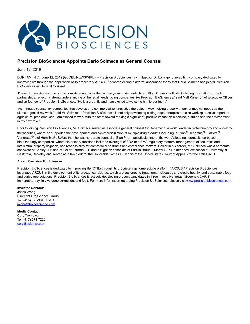 Precision Biosciences Appoints Dario Scimeca As General Counsel
