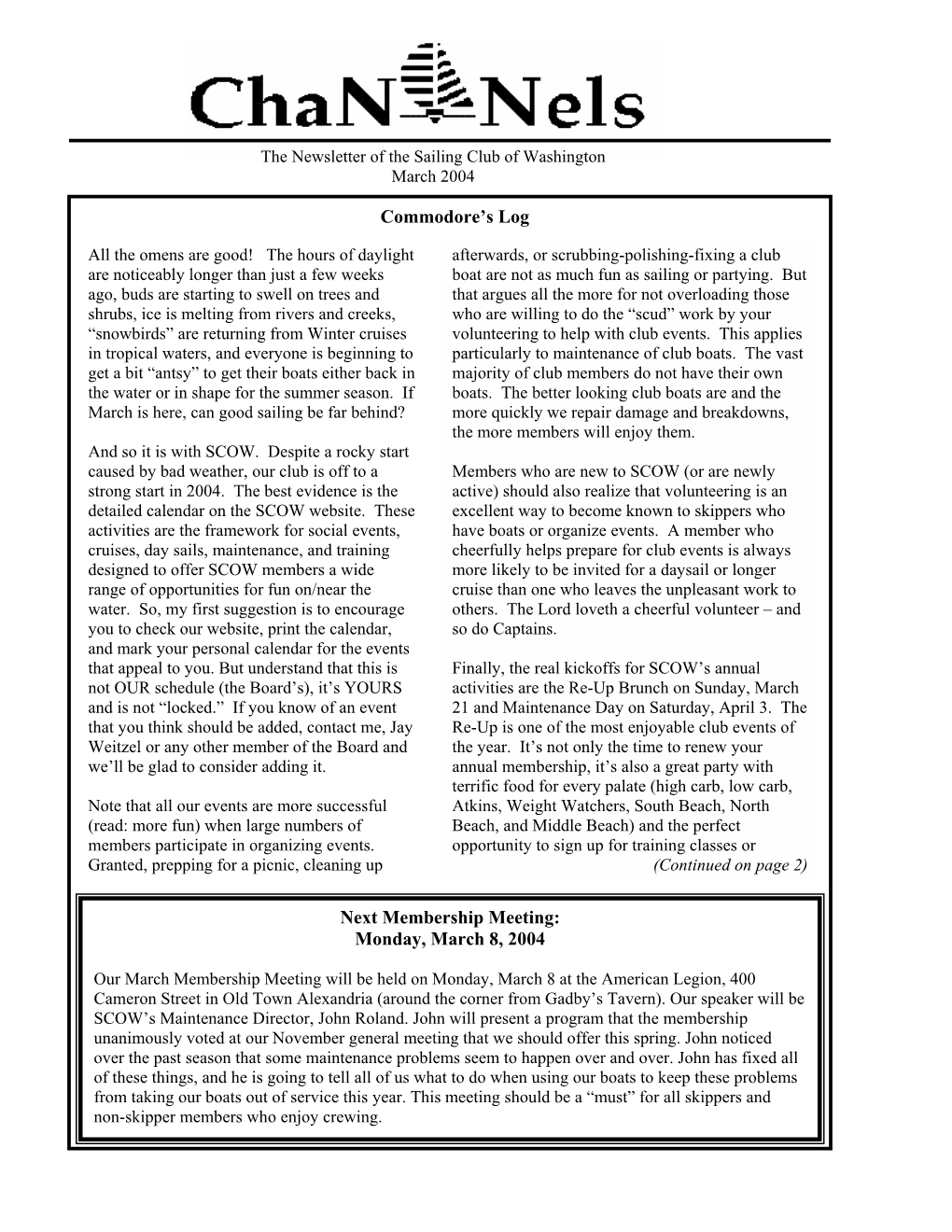 Channels, the Newsletter of the Sailing Club of Washington