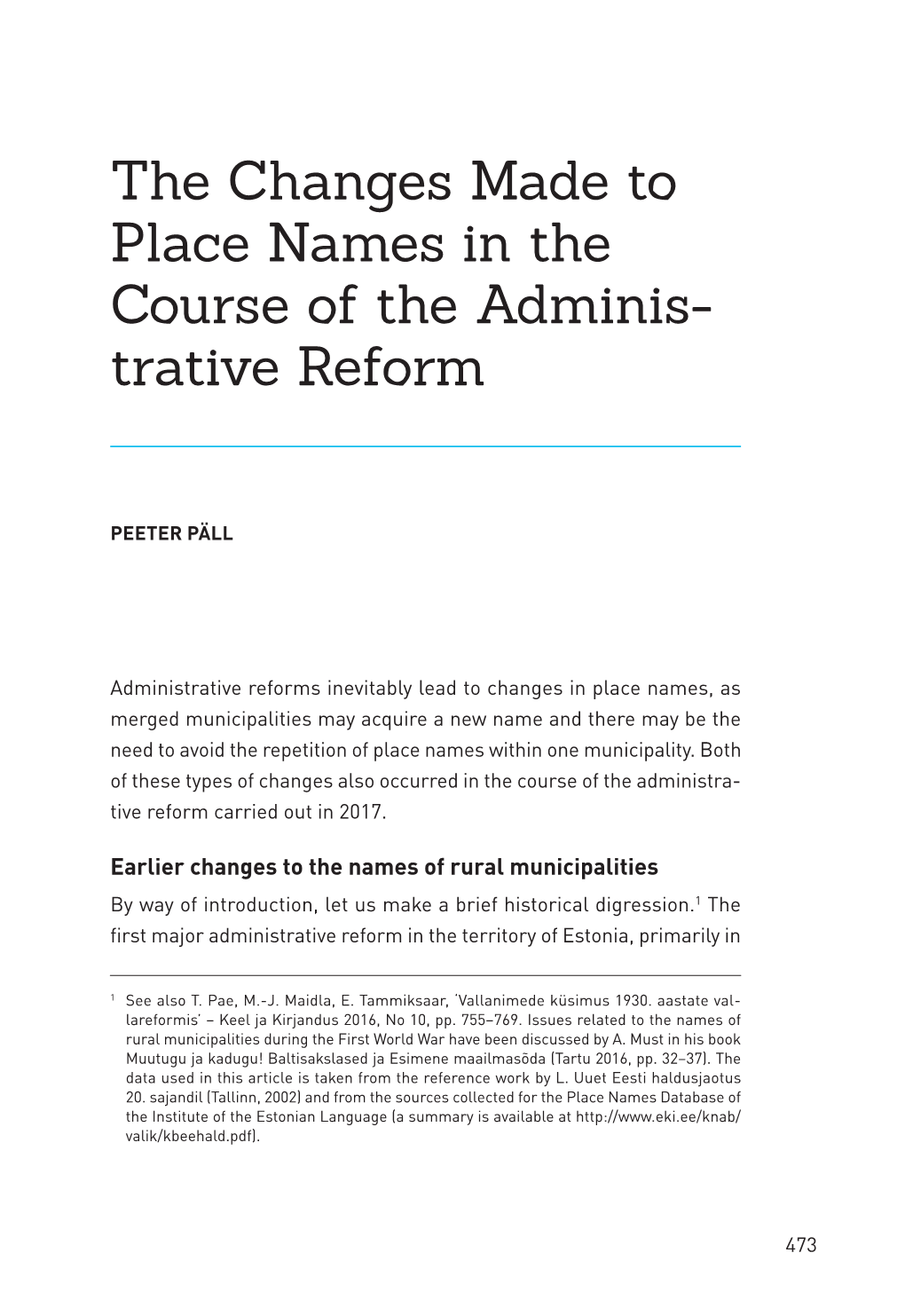 The Changes Made to Place Names in the Course of the Administrative Reform