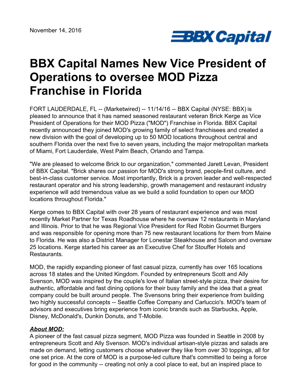 BBX Capital Names New Vice President of Operations to Oversee MOD Pizza Franchise in Florida