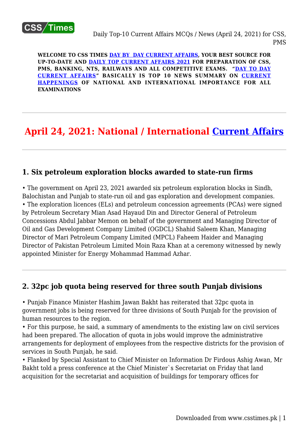 Daily Top-10 Current Affairs Mcqs / News (April 24, 2021) for CSS, PMS