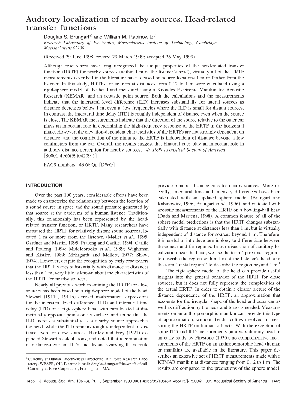 Auditory Localization of Nearby Sources. Head-Related Transfer Functions Douglas S