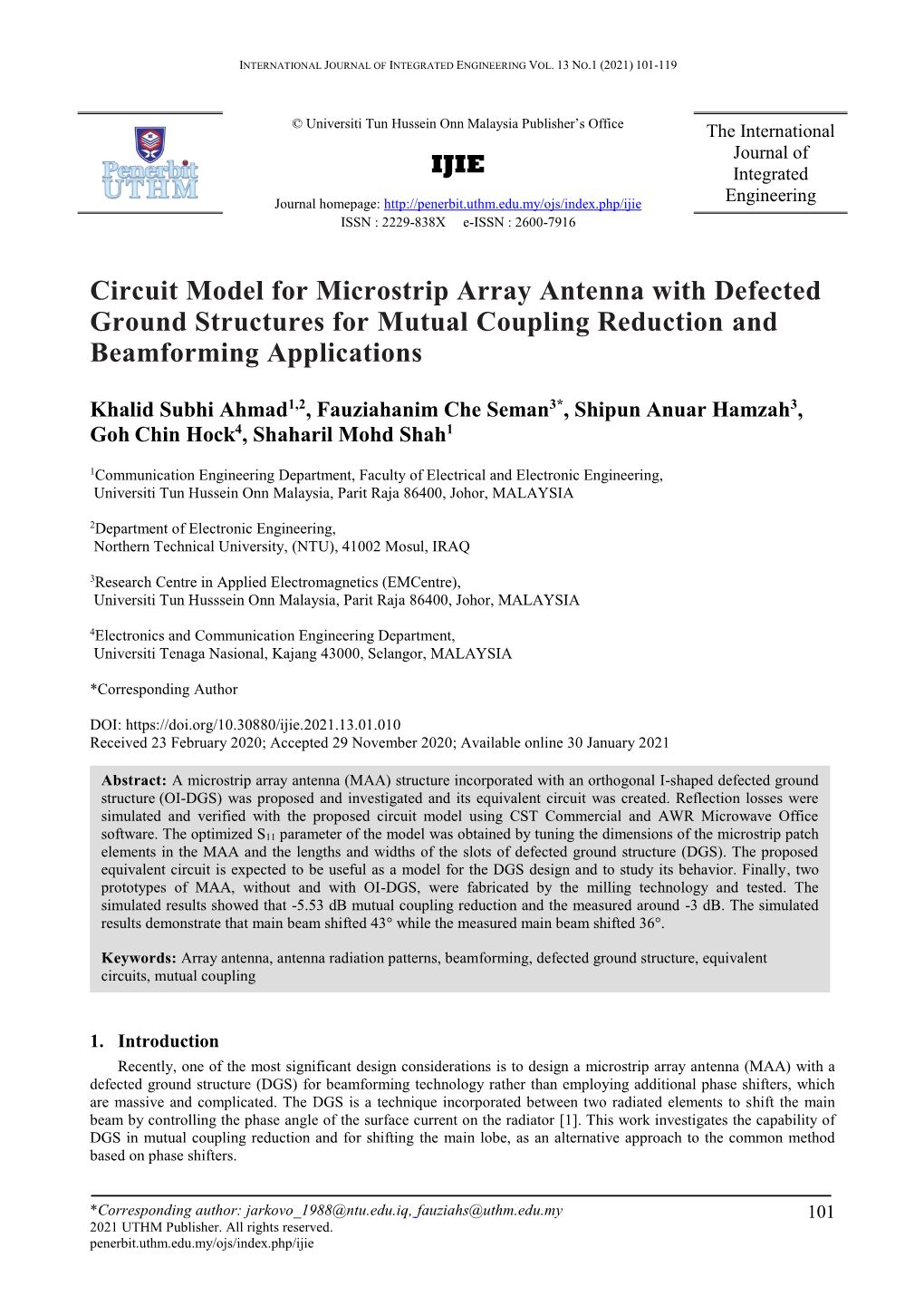 Circuit Model for Microstrip Array Antenna with Defected Ground Structures for Mutual Coupling Reduction and Beamforming Applications
