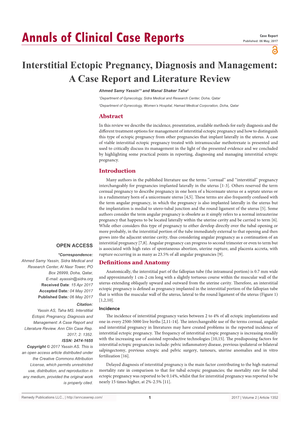 Interstitial Ectopic Pregnancy, Diagnosis and Management: a Case Report and Literature Review