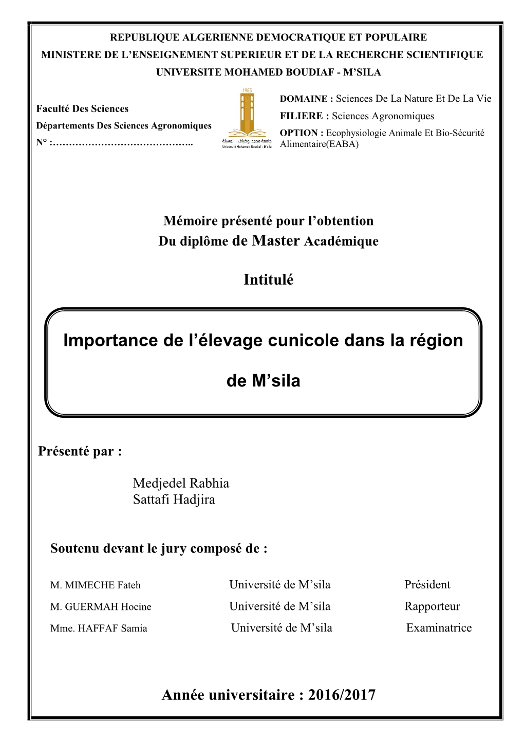 Importance De L'élevage Cunicole Dans La Région De M'sila