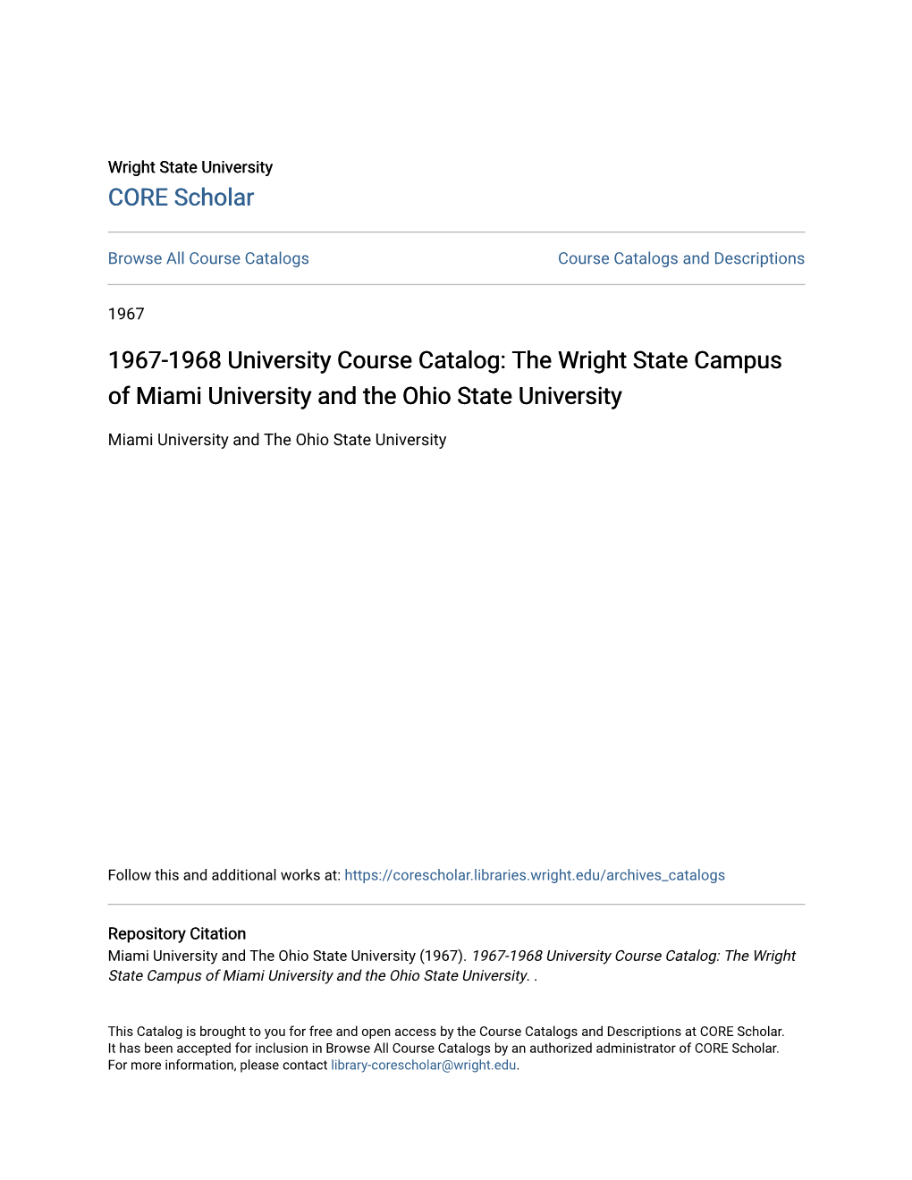 1967-1968 University Course Catalog: the Wright State Campus of Miami University and the Ohio State University