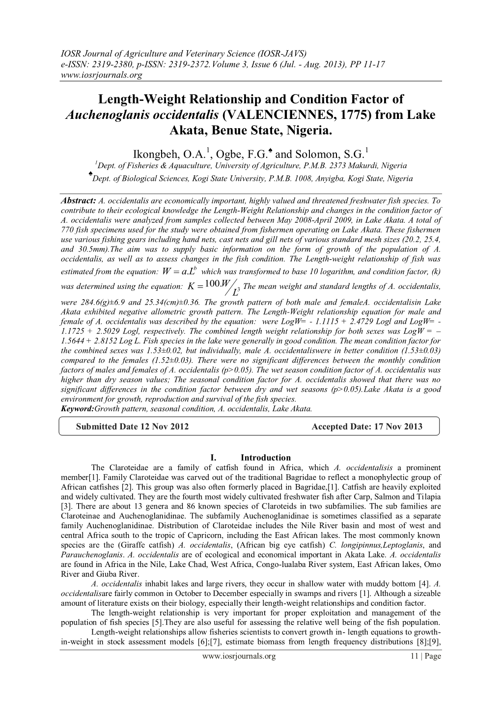 Length-Weight Relationship and Condition Factor of Auchenoglanis Occidentalis (VALENCIENNES, 1775) from Lake Akata, Benue State, Nigeria