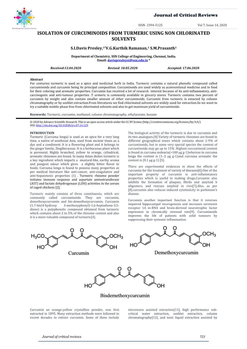 Isolation of Curcuminoids from Turmeric Using Non Chlorinated Solvents