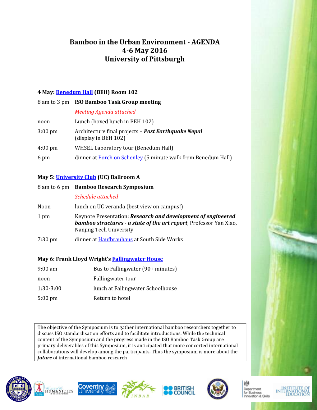 Bamboo in the Urban Environment - AGENDA 4-6 May 2016 University of Pittsburgh