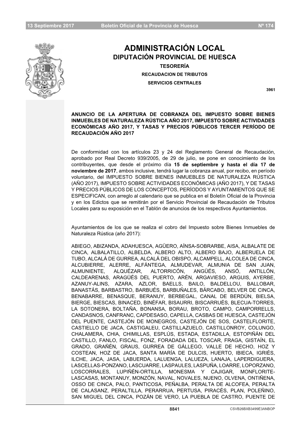 Administración Local Diputación Provincial De Huesca Tesorería Recaudacion De Tributos Servicios Centrales 3961