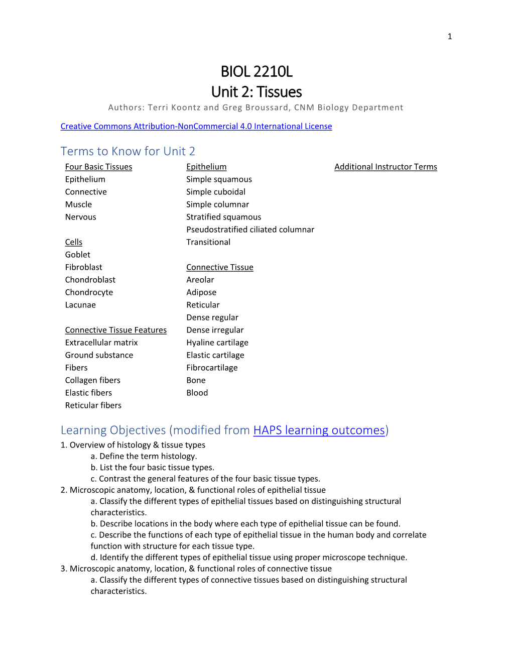 BIOL 2210L Unit 2: Tissues Authors: Terri Koontz and Greg Broussard, CNM Biology Department