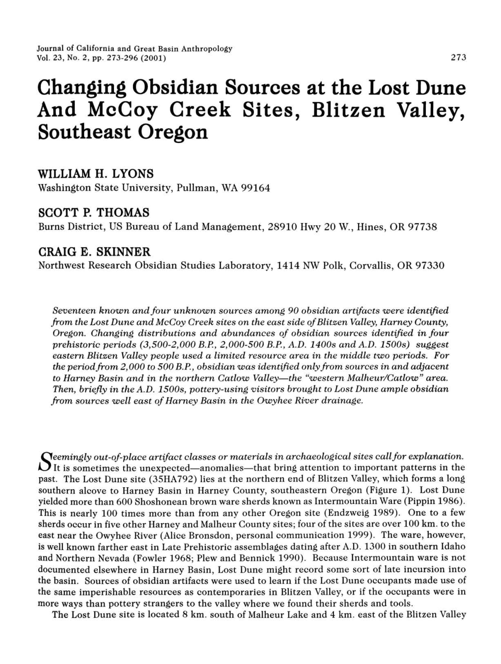 Changing Obsidian Sources at the Lost Dune and Mccoy Creek Sites, Blitzen Valley, Southeast Oregon