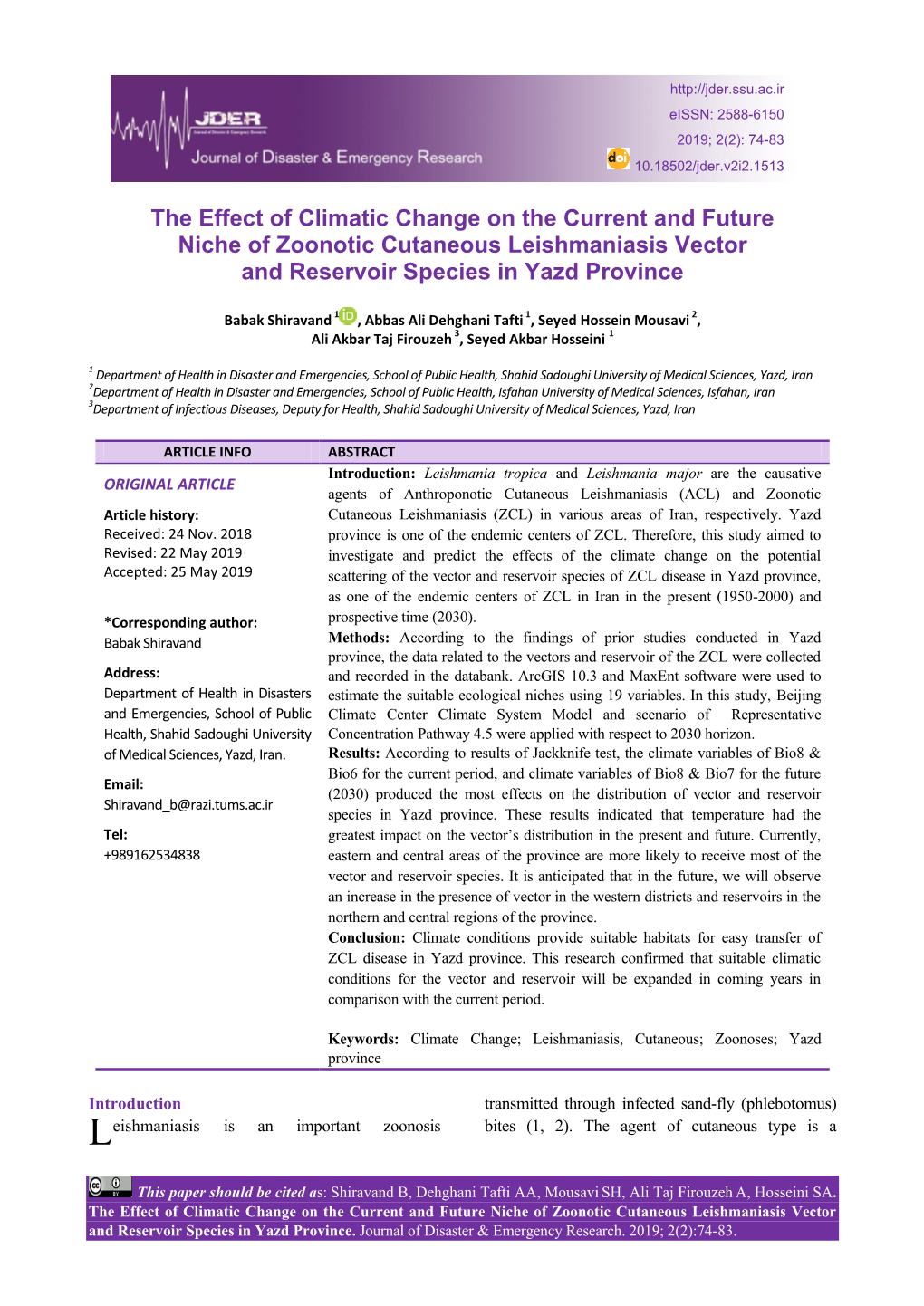 The Effect of Climatic Change on the Current and Future Niche of Zoonotic Cutaneous Leishmaniasis Vector and Reservoir Species in Yazd Province