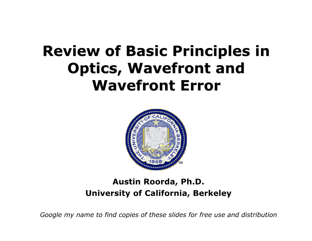 Review of Basic Principles in Optics, Wavefront and Wavefront Error