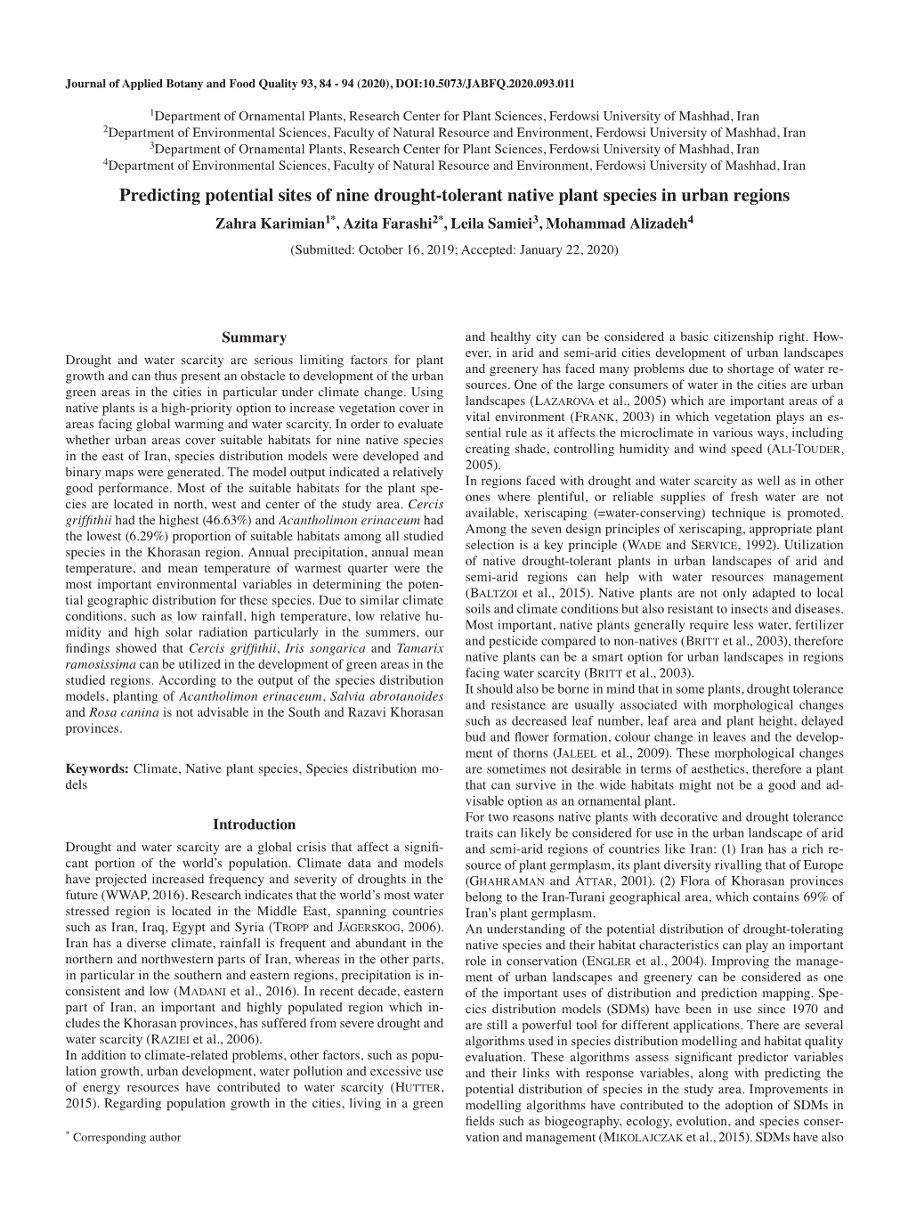 Predicting Potential Sites of Nine Drought-Tolerant Native Plant