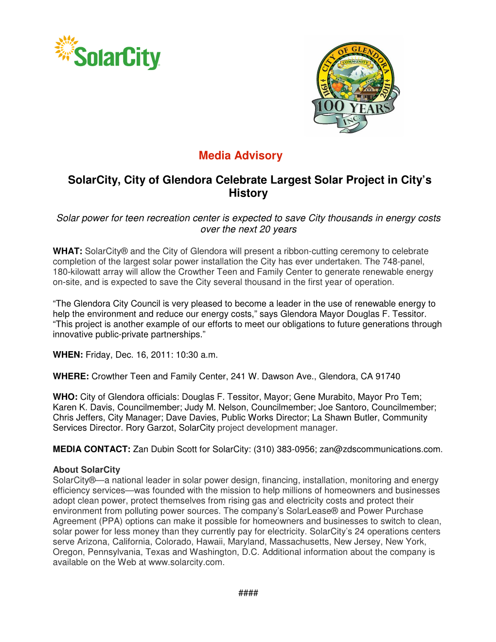 Media Advisory Solarcity, City of Glendora Celebrate Largest Solar