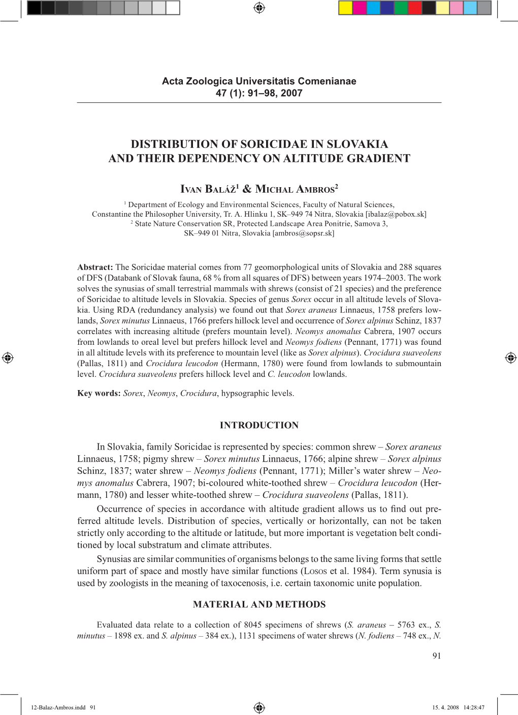 Distribution of Soricidae in Slovakia and Their Dependency on Altitude Gradient