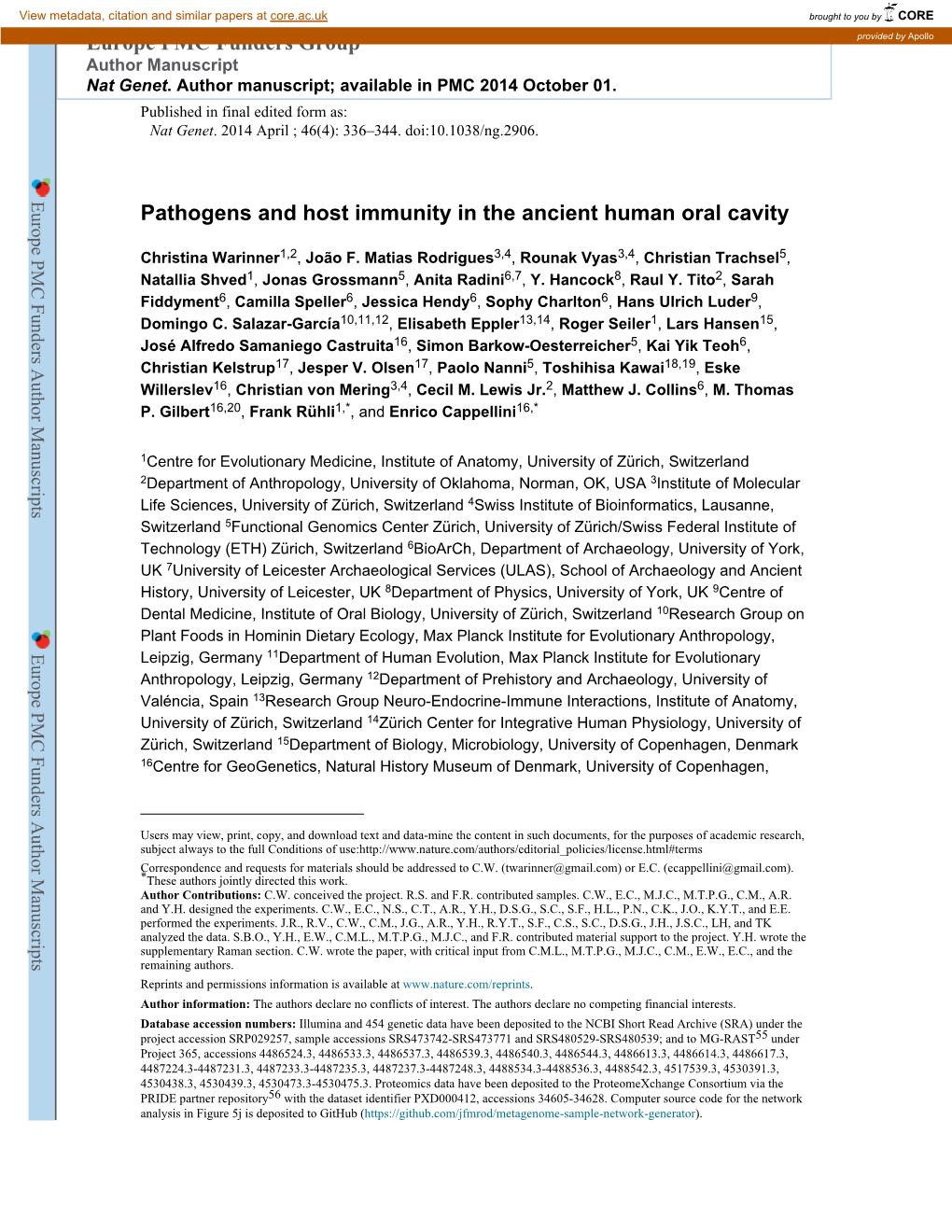 Pathogens and Host Immunity in the Ancient Human Oral Cavity Europe