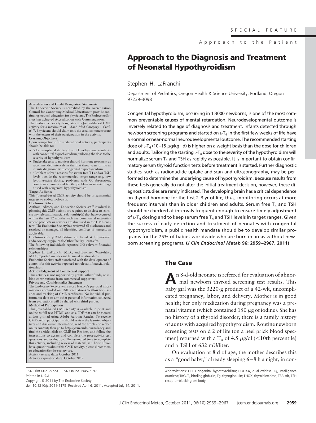 Approach to the Diagnosis and Treatment of Neonatal Hypothyroidism