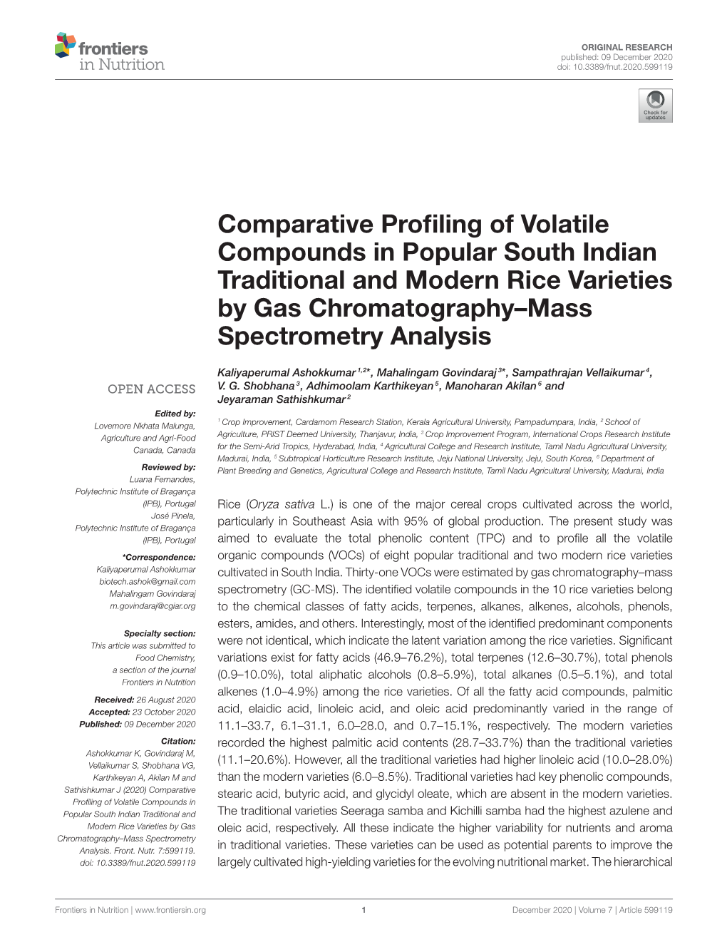 South Indian Traditional and Modern Rice Varieties by Gas Chromatography–Mass Spectrometry Analysis