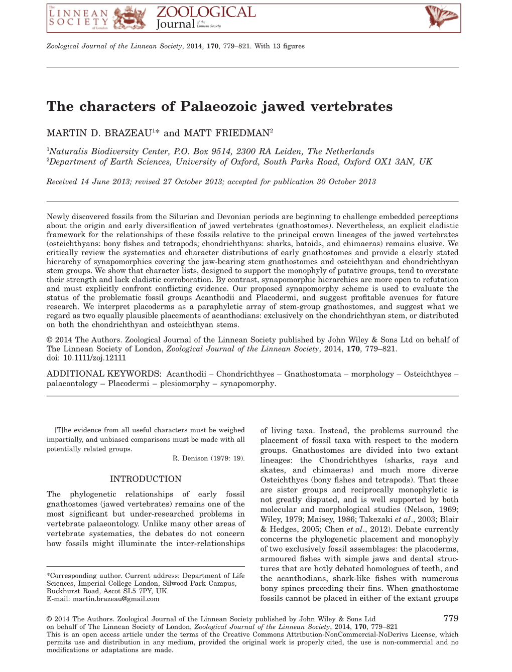 The Characters of Palaeozoic Jawed Vertebrates