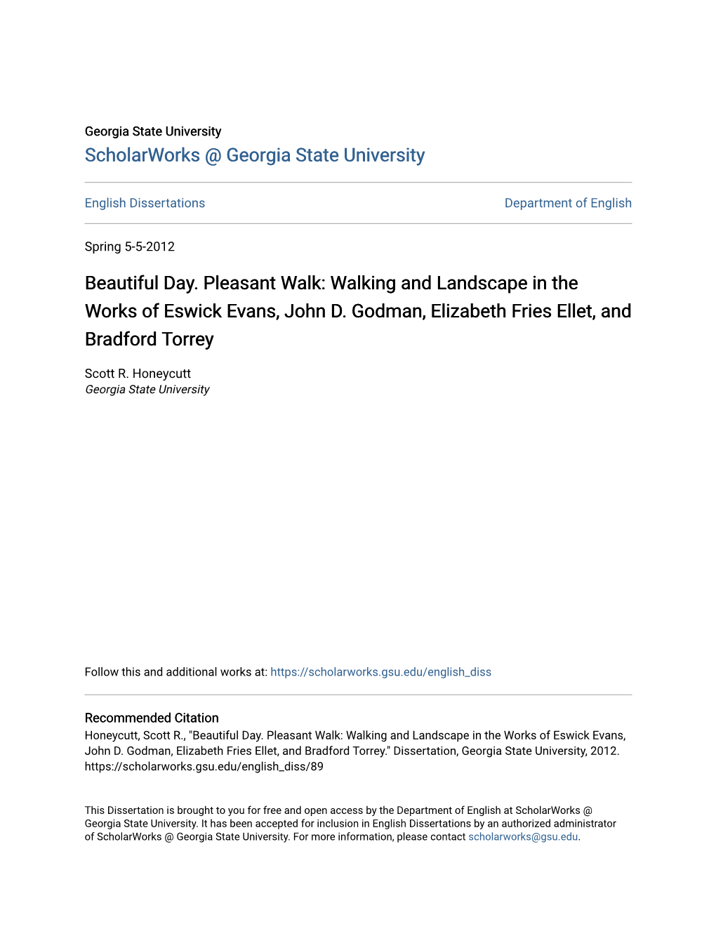 Walking and Landscape in the Works of Eswick Evans, John D. Godman, Elizabeth Fries Ellet, and Bradford Torrey