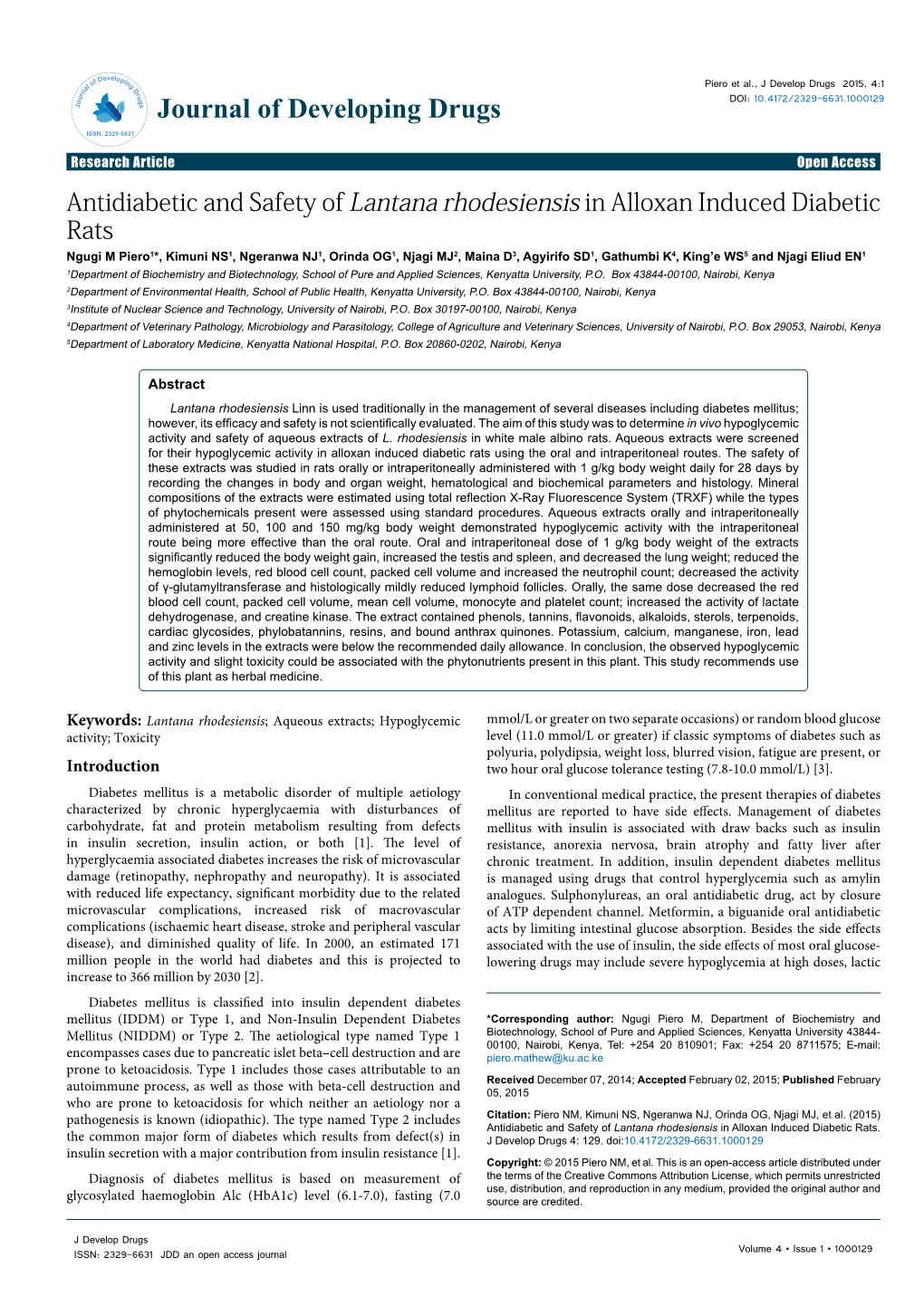 Antidiabetic and Safety of Lantana Rhodesiensis in Alloxan Induced