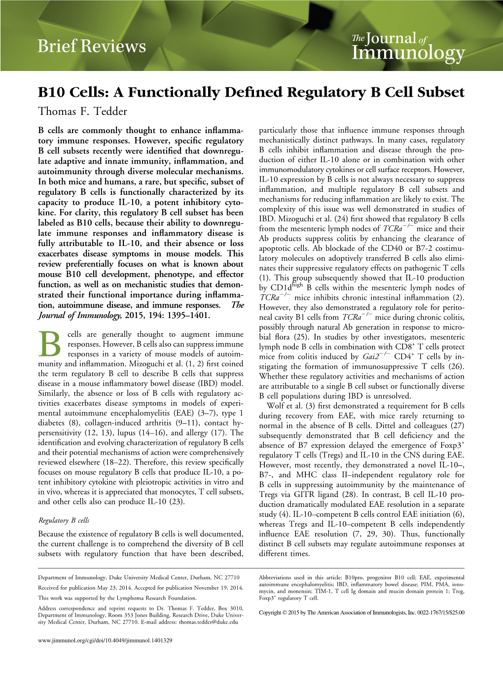 B Cell Subset B10 Cells