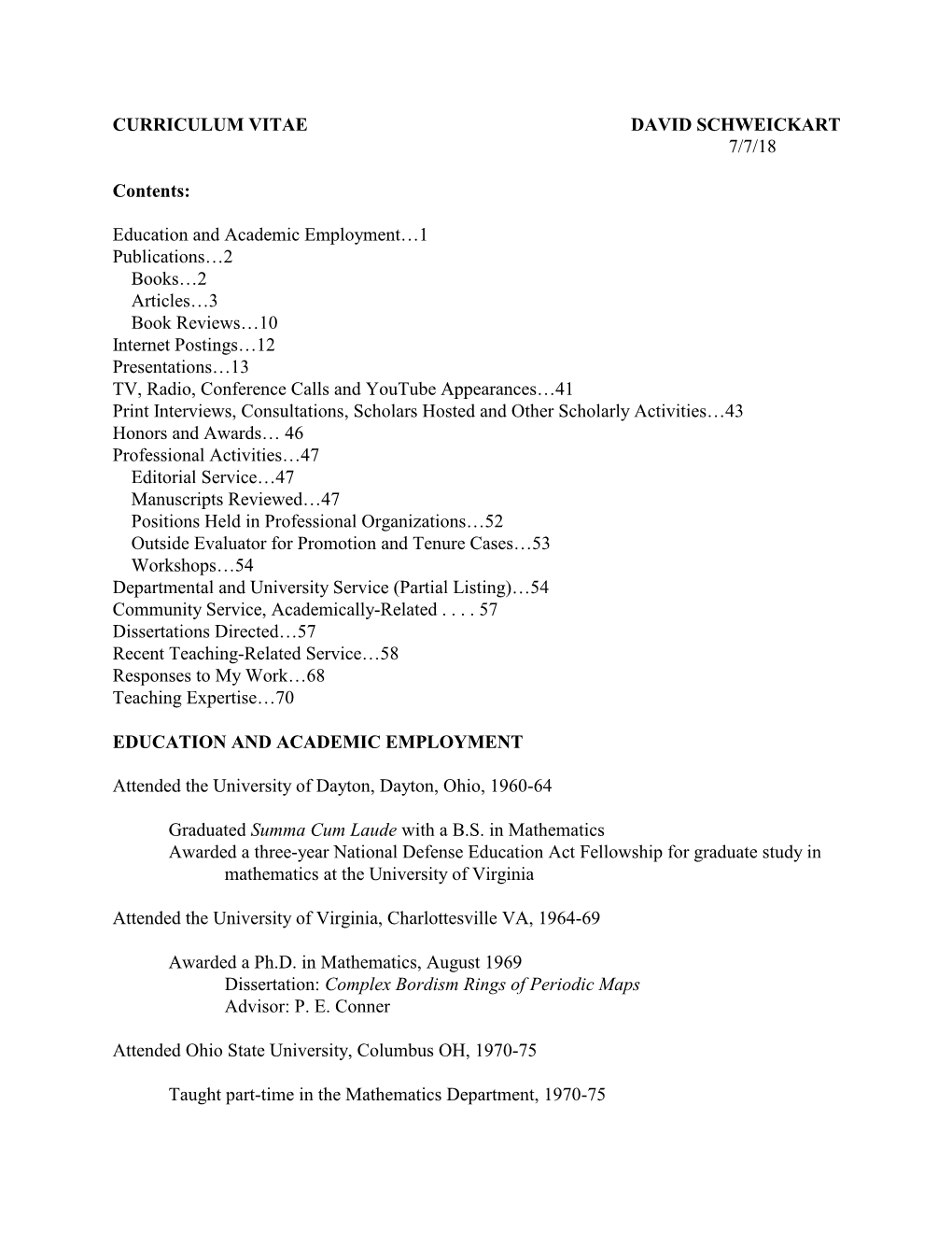 Curriculum Vitae David Schweickart 7/7/18