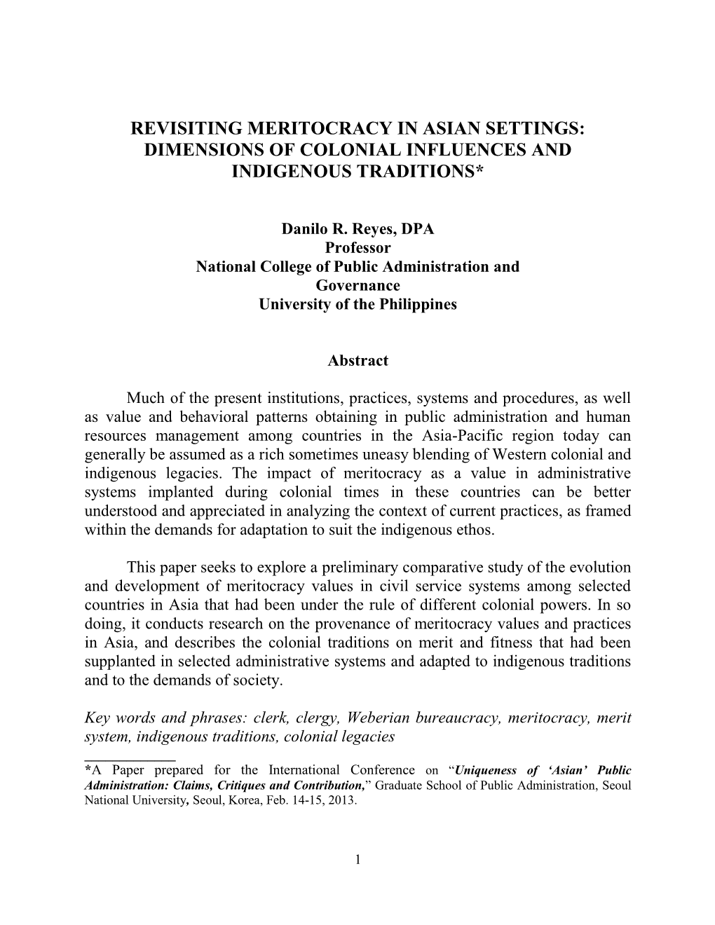 Revisiting Meritocracy in Asian Settings: Dimensions of Colonial Influences and Indigenous Traditions*