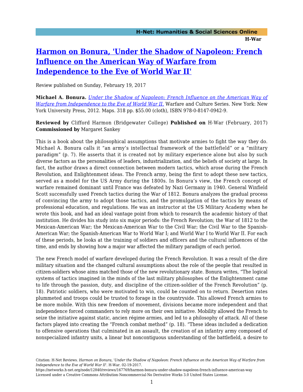 Harmon on Bonura, 'Under the Shadow of Napoleon: French Influence on the American Way of Warfare from Independence to the Eve of World War II'