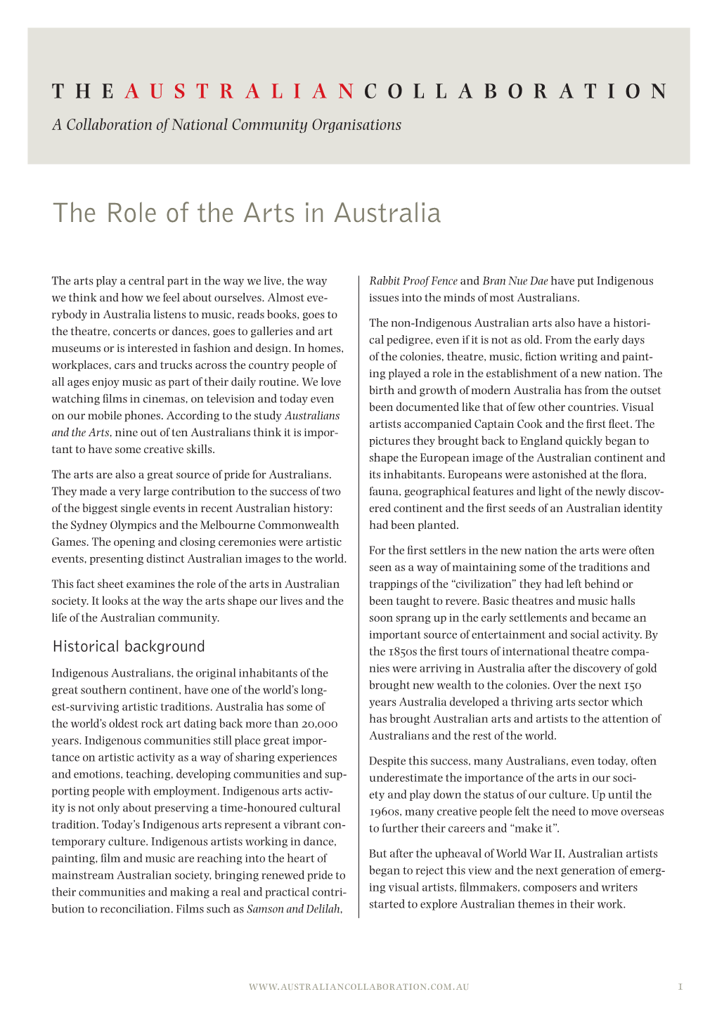 The Role of the Arts in Australia the Role