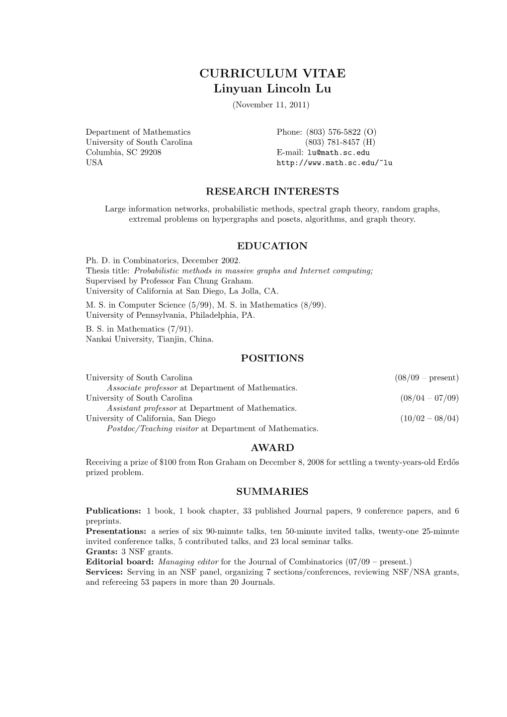 CURRICULUM VITAE Linyuan Lincoln Lu (November 11, 2011)