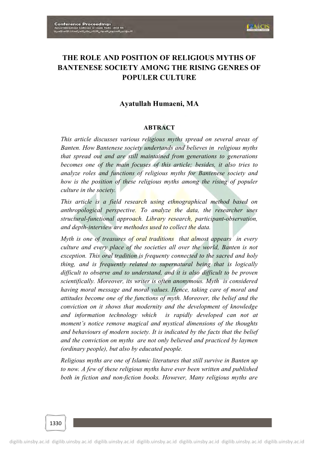 THE ROLE and POSITION of RELIGIOUS MYTHS of BANTENESE SOCIETY AMONG the RISING GENRES of POPULER CULTURE Ayatullah Humaeni, MA